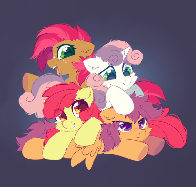 Size: 2300x2200 | Tagged: safe, artist:mirtash, derpibooru import, apple bloom, babs seed, scootaloo, sweetie belle, earth pony, pegasus, pony, unicorn, adorababs, adorabloom, cheek fluff, cousins, cute, cutealoo, cutie mark crusaders, diasweetes, ear fluff, eye clipping through hair, female, filly, foal, freckles, g4, gradient background, grumpy, image, lying down, open mouth, png, pony pile, pouting, prone, scootaloo is not amused, siblings, smiling, spread wings, unamused, wings