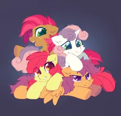 Size: 2300x2200 | Tagged: safe, artist:mirtash, derpibooru import, apple bloom, babs seed, scootaloo, sweetie belle, earth pony, pegasus, pony, unicorn, adorababs, adorabloom, cheek fluff, cousins, cute, cutealoo, cutie mark crusaders, diasweetes, ear fluff, eye clipping through hair, female, filly, foal, freckles, g4, gradient background, grumpy, image, lying down, open mouth, png, pony pile, pouting, prone, scootaloo is not amused, siblings, smiling, spread wings, unamused, wings