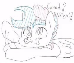 Size: 573x483 | Tagged: safe, artist:maren, derpibooru import, oc, oc:blue chewings, unofficial characters only, earth pony, pony, blanket, dialogue, doodle, good night, image, jpeg, lying down, prone, solo, waving