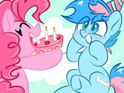 Size: 2048x1536 | Tagged: safe, artist:colorfulcolor233, derpibooru import, pinkie pie, oc, oc:blue chewings, earth pony, pony, birthday, birthday cake, cake, crying, eye clipping through hair, food, grin, hat, hooves on cheeks, image, jpeg, party hat, sitting, smiling, tears of joy