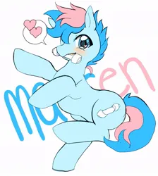 Size: 847x944 | Tagged: safe, artist:plushcharm, derpibooru import, oc, oc:blue chewings, unofficial characters only, earth pony, pony, blushing, heart, heart eyes, image, jpeg, one eye closed, simple background, solo, spoken heart, standing, standing on one leg, white background, wingding eyes