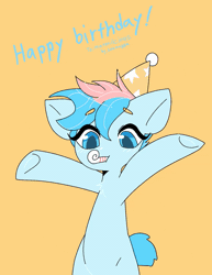 Size: 495x640 | Tagged: safe, artist:seamaggie, derpibooru import, oc, oc:blue chewings, unofficial characters only, earth pony, pony, animated, birthday, eyebrows, eyebrows visible through hair, gif, hat, hooves up, image, party hat, party horn, simple background, sitting, solo, tail, tail wag