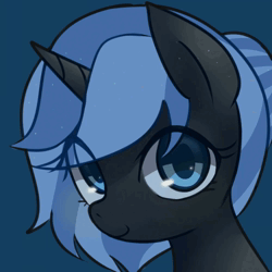 Size: 1000x1000 | Tagged: safe, artist:maren, artist:renokim, derpibooru import, oc, oc:take marive, unofficial characters only, pony, unicorn, animated, blinking, bust, eye clipping through hair, female, image, mare, portrait, simple background, solo, webm