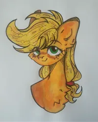 Size: 3963x4952 | Tagged: safe, artist:starkey, derpibooru import, applejack, earth pony, artist starkey, braid, braided tail, bust, chest fluff, freckles, image, jpeg, signature, smiling, solo, tail, traditional art, woman