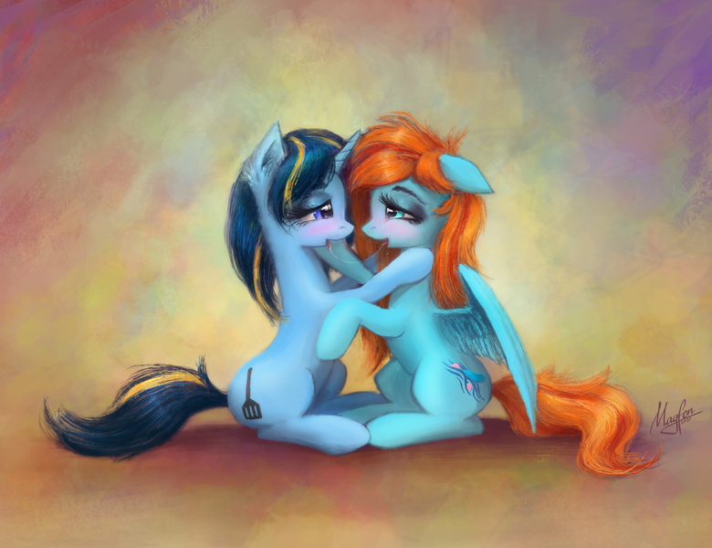Size: 2199x1692 | Tagged: suggestive, artist:magfen, derpibooru import, oc, oc:ruby spoon, oc:sea feather, pegasus, pony, unicorn, after kiss, blushing, female, females only, image, jpeg, looking at each other, looking at someone, mare, oc x oc, shipping, smiling