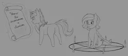 Size: 3400x1500 | Tagged: safe, artist:stray prey, derpibooru import, oc, oc:lemon frost, oc:lucent, unofficial characters only, pegasus, pony, unicorn, cursive, image, monochrome, png