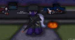 Size: 1980x1080 | Tagged: safe, artist:99999999000, derpibooru import, oc, oc:firearm king, unofficial characters only, pony, car, clothes, colt, foal, gun, halloween, holiday, image, jack-o-lantern, male, png, pumpkin, rifle, soldier, toy, toy gun, trick or treat, weapon