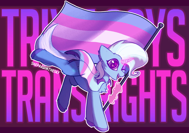 Size: 2202x1545 | Tagged: safe, artist:shepardinthesky, derpibooru import, trixie, flag, image, mouthpiece, png, politics, solo, trans trixie, transgender