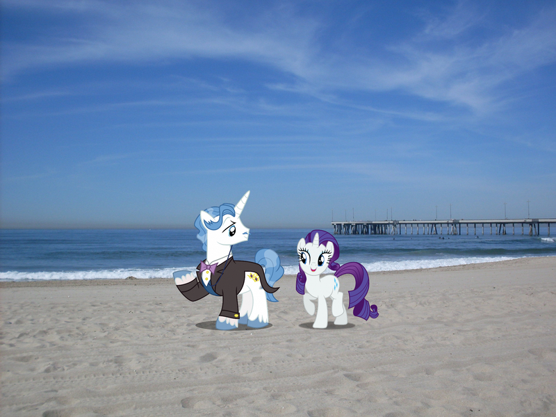 Size: 2048x1536 | Tagged: safe, derpibooru import, fancypants, rarity, pony, unicorn, beach, california, clothes, female, image, irl, jpeg, los angeles, male, mare, photo, ponies in real life, raised hoof, sand, stallion