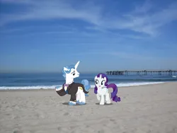 Size: 2048x1536 | Tagged: safe, derpibooru import, fancypants, rarity, pony, unicorn, beach, california, clothes, female, image, irl, jpeg, los angeles, male, mare, photo, ponies in real life, raised hoof, sand, stallion