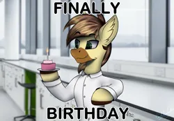 Size: 4764x3336 | Tagged: safe, artist:cmdrtempest, derpibooru import, oc, oc:calpain, birthday, cake, clothes, ear fluff, food, image, lab coat, male, meme, png, simple background, solo