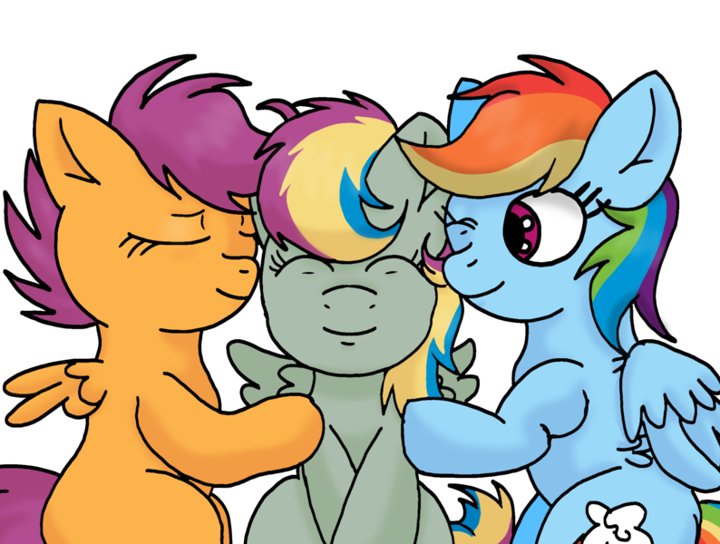 Size: 2652x2003 | Tagged: source needed, safe, artist:taeko, derpibooru import, rainbow dash, scootaloo, oc, oc:special flight, pegasus, pony, 2022, eyes closed, family, female, females only, filly, foal, image, lesbian, lesbian couple, looking at someone, magical lesbian spawn, mare, mother and child, mother and daughter, next generation, offspring, one eye closed, outline, parent:rainbow dash, parent:scootaloo, parents:scootadash, pegasus oc, png, scootadash, shading practice, shipping, simple background, sitting, small wings, smiling, spread wings, transparent background, wings