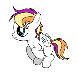 Size: 3072x3072 | Tagged: source needed, safe, artist:taeko, derpibooru import, oc, oc:cloudy blitz, unofficial characters only, pegasus, pony, 2022, blue eyes, colored, derpibooru exclusive, female, filly, flapping wings, flat colors, flying, foal, image, looking up, magical lesbian spawn, multicolored mane, multicolored tail, offspring, parent:rainbow dash, parent:scootaloo, parents:scootadash, pegasus oc, png, smiling, solo, tail, white fur, wings