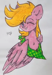 Size: 960x1363 | Tagged: safe, artist:starkey, derpibooru import, oc, pegasus, pony, bust, chest fluff, ear fluff, folded wings, image, looking at you, one eye closed, pegasus oc, png, pony oc, smiling, smiling at you, solo, traditional art, wings, wink, winking at you