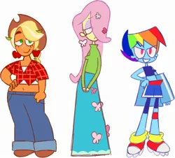Size: 2399x2168 | Tagged: safe, artist:milkkirie, derpibooru import, applejack, fluttershy, rainbow dash, equestria girls, abstract, bandage, belly button, boots, clothes, denim, ear piercing, earring, eyeshadow, flannel shirt, flower, flower in hair, freckles, hair over one eye, hairpin, image, jeans, jewelry, jpeg, long skirt, makeup, midriff, pants, piercing, shoes, short, short shirt, shorts, simple background, skirt, sneakers, spats, sports bra, sports shorts, sweater, tall, turtleneck, white background