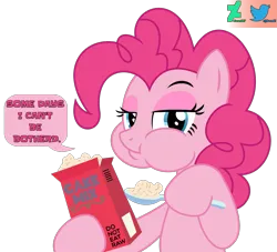Size: 1899x1723 | Tagged: safe, artist:kuren247, derpibooru import, pinkie pie, earth pony, pony, cake mix, chewing, eating, female, image, interpretation, lidded eyes, looking at you, png, show accurate, simple background, solo, speech bubble, spoon, this will end in diabetes, transparent background, vector, watermark