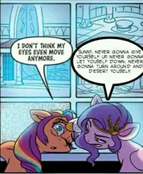 Size: 267x325 | Tagged: safe, derpibooru import, edit, idw, pipp petals, sunny starscout, earth pony, pegasus, pony, spoiler:comic, spoiler:g5comic, spoiler:g5comic06, bloodshot eyes, cropped, dialogue, duo, female, g5, image, jpeg, mare, rick astley, rickroll, speech bubble