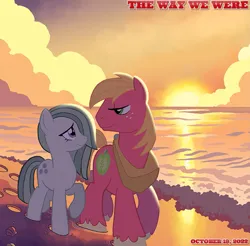 Size: 1679x1655 | Tagged: safe, artist:tonyfleecs, derpibooru import, edit, idw, big macintosh, marble pie, pony, 2022, barbra streisand, beach, bittersweet, cropped, female, friends, friendship, heartwarming, image, implied shipping, implied sugarmac, just friends, looking at each other, looking at someone, male, mare, movie reference, not shipping, ocean, october, platonic, png, ship sinking, smiling, smiling at each other, song reference, stallion, sunset, the way we were, water, youtube link in the description