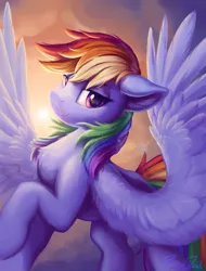 Size: 1556x2048 | Tagged: safe, artist:ravistdash, derpibooru import, rainbow dash, pegasus, mlp fim's twelfth anniversary, dawn, flying, hooves, image, looking at you, png, smiling, smiling at you, solo, wallpaper, wings