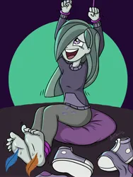Size: 3000x4000 | Tagged: safe, artist:durdevul, derpibooru import, marble pie, equestria girls, arms in the air, barefoot, beanbag chair, clothes, crying, cute, equestria girls-ified, feather, feet, fetish, foot fetish, hoodie, image, jpeg, laughing, marblebetes, marblesub, shoes, sneakers, socks, soles, tickle torture, tickling, tied up, toes