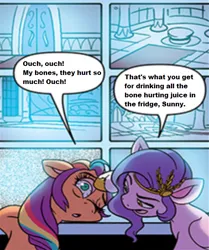 Size: 532x637 | Tagged: safe, derpibooru import, edit, idw, pipp petals, sunny starscout, earth pony, pegasus, pony, spoiler:comic, spoiler:g5comic, spoiler:g5comic06, bloodshot eyes, bone hurting juice, cropped, dialogue, duo, female, g5, image, mare, png, speech bubble
