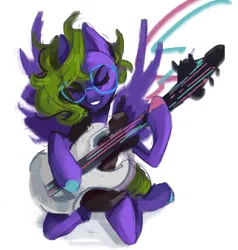 Size: 2904x3045 | Tagged: safe, artist:charlot, derpibooru import, oc, oc:charlot, unofficial characters only, pegasus, pony, clothes, electric guitar, eyes closed, glasses, guitar, image, musical instrument, pegasus oc, png, ponysona, sketch, solo, wings