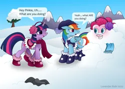 Size: 1280x906 | Tagged: safe, artist:lavenderrain24, derpibooru import, pinkie pie, rainbow dash, twilight sparkle, earth pony, pegasus, pony, unicorn, boots, clothes, earmuffs, grin, hat, image, jpeg, saddle, scarf, shoes, smiling, snow, snow boots, tack, trio, unicorn twilight, vest, winter hat, winter outfit