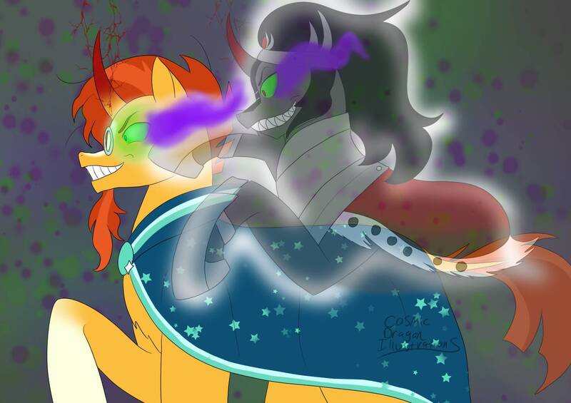 Size: 1700x1200 | Tagged: safe, artist:cosmicdragonkay, derpibooru import, king sombra, sunburst, pony, unicorn, dark magic, duo, image, jpeg, magic, male, possessed, sombra eyes, spirit