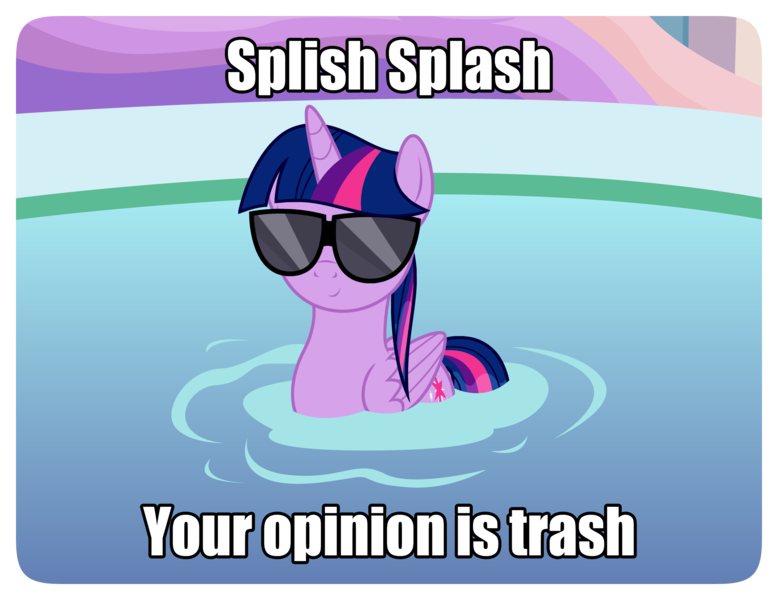 Size: 2528x1950 | Tagged: safe, artist:badumsquish, derpibooru import, twilight sparkle, twilight sparkle (alicorn), alicorn, pony, behaving like a duck, derpibooru exclusive, female, floating, image, looking at you, mare, meme, opinion, png, ponified meme, reaction image, show accurate, smiling, smirk, smug, smuglight sparkle, solo, sunglasses, swimming, swimming pool, water