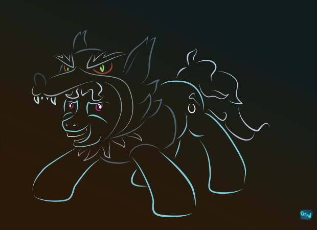 Size: 620x450 | Tagged: safe, artist:quint-t-w, derpibooru import, screw loose, earth pony, pony, mlp fim's twelfth anniversary, animal costume, clothes, costume, faic, female, gradient background, image, minimalist, modern art, nightmare night, nightmare night costume, png, solo, teeth, wolf costume