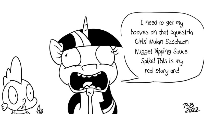 Size: 1200x675 | Tagged: safe, artist:pony-berserker, derpibooru import, spike, twilight sparkle, drool, image, jpeg, monochrome, mulan, open mouth, pony-berserker's twitter sketches, pony-berserker's twitter sketches (2022), reference, twirick