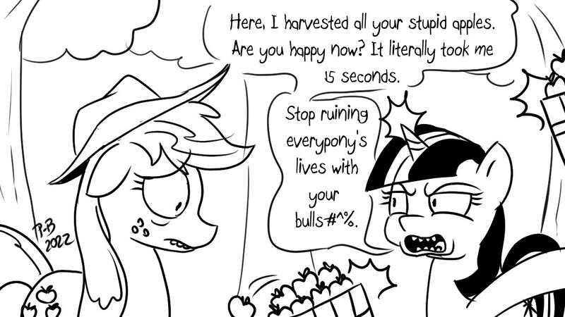 Size: 1200x675 | Tagged: safe, artist:pony-berserker, derpibooru import, applejack, twilight sparkle, earth pony, pony, unicorn, applebuck season, angry, apple, apple tree, censored, censored vulgarity, food, grawlixes, hat, image, jpeg, magic, pony-berserker's twitter sketches, pony-berserker's twitter sketches (2022), sad, telekinesis, tree, twirick, unicorn twilight