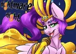 Size: 4961x3508 | Tagged: safe, artist:mekblue, derpibooru import, pipp petals, pegasus, pony, my little pony: tell your tale, spoiler:g5, spoiler:my little pony: tell your tale, spoiler:tyts01e30, absurd resolution, clothes, costume, female, g5, halloween, halloween costume, headdress, holiday, image, looking at camera, mare, microphone, nightmare night party, png, scene interpretation, singing