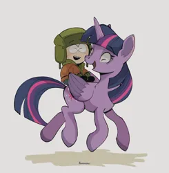 Size: 1186x1209 | Tagged: safe, artist:pononoin, derpibooru import, twilight sparkle, twilight sparkle (alicorn), alicorn, human, pony, crossover, cute, cutie mark, eyelashes, eyes closed, female, freckles, hat, horn, humans riding ponies, image, jpeg, kyle broflovski, male, mare, open mouth, riding, riding a pony, simple background, smiling, south park, tail, teeth, wings