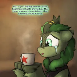 Size: 800x800 | Tagged: safe, artist:captainhoers, derpibooru import, oc, oc:silent spring, unofficial characters only, kirin, the sunjackers, coffee, coffee mug, crying, cyberpunk, female, image, mug, png, tears of joy