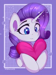 Size: 3000x4000 | Tagged: safe, artist:stravy_vox, derpibooru import, rarity, pony, unicorn, abstract background, female, happy, heart, heart pillow, image, jpeg, mare, pillow, smiling, solo, solo female