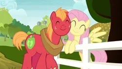 Size: 1920x1080 | Tagged: safe, derpibooru import, edit, edited screencap, screencap, big macintosh, fluttershy, earth pony, pegasus, pony, marks for effort, big macintosh's yoke, bipedal, character swap, cute, eyes closed, female, fence, fluttermac, freckles, horse collar, image, macabetes, male, mare, nuzzling, png, road, shipping, shyabetes, smiling, spread wings, straight, sweet apple acres, tree, wings