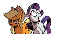 Size: 260x150 | Tagged: safe, artist:fuckomcfuck, derpibooru import, idw, applejack, rarity, earth pony, pony, unicorn, angry, comic, freckles, grossed out, hat, image, png, simple background, transparent background