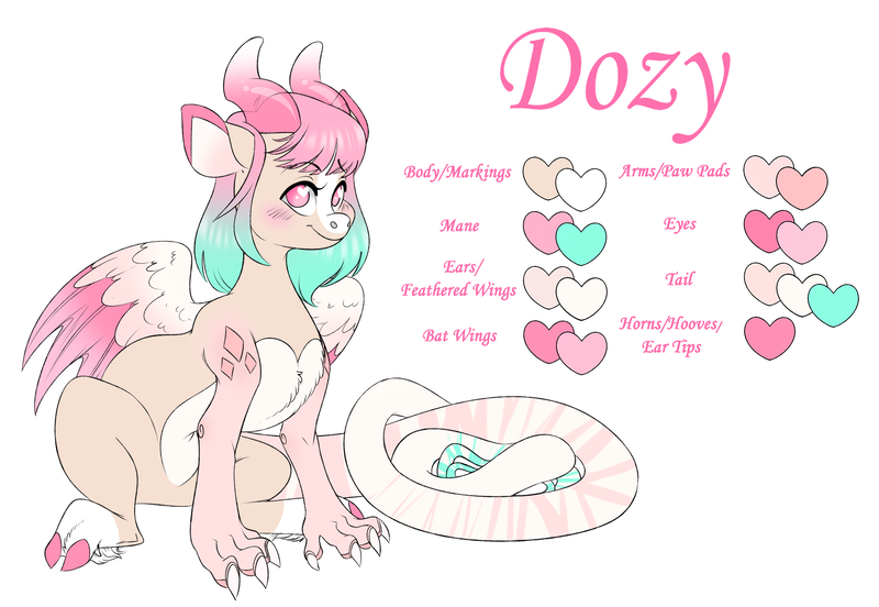 Size: 2689x1856 | Tagged: safe, artist:dozyarts, derpibooru import, oc, oc:dozy, draconequus, female, image, png, reference sheet, simple background, solo, white background