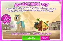 Size: 1953x1296 | Tagged: safe, derpibooru import, official, earth pony, pony, advertisement, beard, brown coat, brown mane, bucket, bush, clothes, egyptian, egyptian pony, english, facial hair, gameloft, headband, image, jpeg, male, nekhet, numbers, palm tree, pyramid, solo, solo focus, somnambula resident, stallion, tail, text, tree, vase, yellow mane, yellow tail