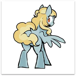 Size: 638x632 | Tagged: safe, artist:yidwags, oc, oc:fair flyer, unofficial characters only, pegasus, pony, announcement, announcement in the description, covering, dock, female, image, looking at you, looking back, looking back at you, mare, png, simple background, snowpity inc., solo, tail covering, white background