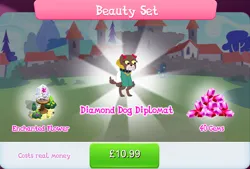 Size: 1270x858 | Tagged: safe, derpibooru import, idw, official, unnamed character, diamond dog, bow, brown fur, bundle, bush, choker, collar, costs real money, dog collar, english, female, female diamond dog, flower, gameloft, gem, hair bow, idw showified, image, jpeg, numbers, sale, solo, solo focus, text, white fur, wishing flower, yellow eyes