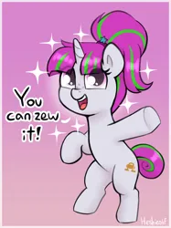 Size: 1688x2252 | Tagged: safe, artist:heretichesh, derpibooru import, oc, oc:zippi, unofficial characters only, pony, unicorn, bipedal, dialogue, eye clipping through hair, female, filly, foal, freckles, gradient background, image, jpeg, open mouth, open smile, signature, smiling, solo, sparkles, standing, standing on one leg, talking to viewer, underhoof