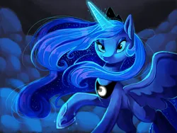 Size: 3000x2250 | Tagged: safe, artist:shira-hedgie, derpibooru import, princess luna, alicorn, pony, cloud, cloudy, female, flowing mane, glow, glowing horn, high res, horn, image, jpeg, magic, mare, night, raised hoof, solo