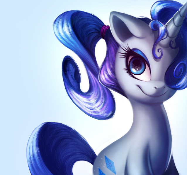 Size: 3366x3168 | Tagged: safe, artist:shira-hedgie, derpibooru import, rarity, pony, unicorn, alternate hairstyle, female, hair over one eye, high res, image, jpeg, looking at you, mare, ponytail, simple background, sitting, solo