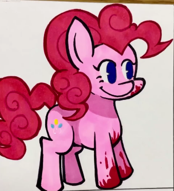 Size: 339x373 | Tagged: semi-grimdark, artist:lu&ss, derpibooru import, pinkie pie, earth pony, pony, smile hd, blood, female, friday night funkin', funkin' is magic, image, mare, marker drawing, png, smiling, traditional art, youtube link