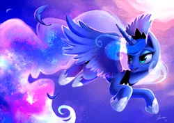 Size: 4334x3064 | Tagged: safe, artist:shira-hedgie, derpibooru import, princess luna, alicorn, pony, 2016, bedroom eyes, cute, feather, female, flying, glowing mane, happy, high res, image, jpeg, lidded eyes, looking back, lunabetes, mare, night, old art, open mouth, sky, smiling, solo, sparkles, stars
