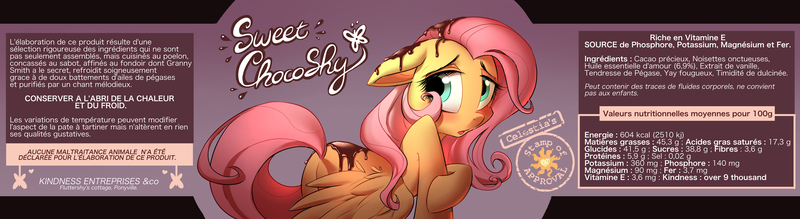 Size: 5204x1423 | Tagged: suggestive, artist:shira-hedgie, derpibooru import, fluttershy, pegasus, pony, 2016, blushing, brush, chocolate, female, food, french, high res, image, jpeg, kindness, label, looking back, old art, shy, solo, stamp, stamp of approval, wings, wings down