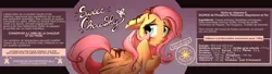 Size: 5204x1423 | Tagged: suggestive, artist:shira-hedgie, derpibooru import, fluttershy, pegasus, pony, 2016, blushing, brush, chocolate, female, food, french, high res, image, jpeg, kindness, label, looking back, old art, shy, solo, stamp, stamp of approval, wings, wings down