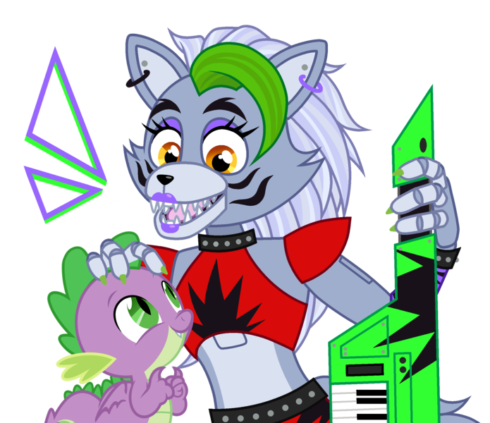 Size: 2300x1987 | Tagged: safe, artist:ponygamer2020, derpibooru import, spike, dragon, wolf, absurd resolution, animatronic, base used, bracelet, choker, crossover, cute, duo, ear piercing, earring, female, five nights at freddy's, five nights at freddy's: security breach, image, jewelry, keytar, male, markings, musical instrument, open mouth, petting, piercing, png, roxanne wolf, simple background, spikabetes, spiked choker, spiked wristband, spikelove, transparent background, vector, vector used, winged spike, wings, wristband